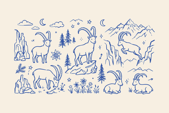 Set of cute ibex mountain goat drawings with trees and mountains in hand drawn sketch style Vector, illustration