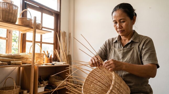 Asian artisan carefully weaving a natural rattan basket by hand in a sunlit workshop with handmade baskets and traditional craft materials.