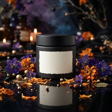 Black cosmetic jar with blank label nestled among purple flowers and fall leaves on dark reflective surface.