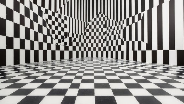Abstract Black and White Checkered Pattern in Distorted Space