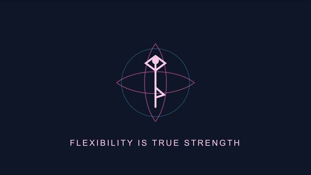Flexibility is true strength: minimalist yoga symbol animation with rotating geometric shapes and motivational text overlay 4k