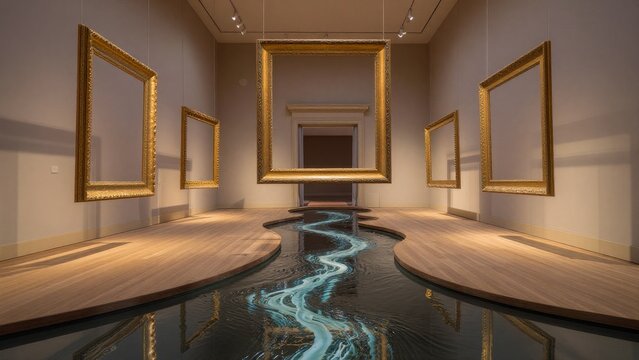 Abstract Art Installation with Empty Frames and Flowing Water