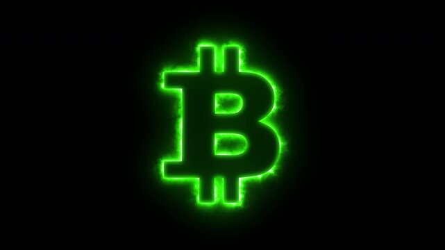 Neon green Bitcoin symbol glowing brightly against a pure black background, creating a sleek futuristic cryptocurrency aesthetic
