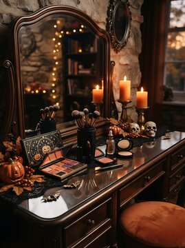 Rustic Halloween vanity with makeup, candles, pumpkins and skulls for a festive spooky makeup application.