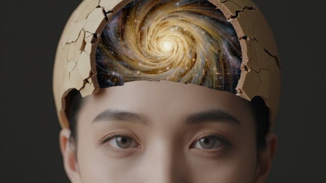 Creative Concept of Cosmic Brain with Galaxy in Cracked Shell