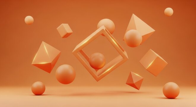 Floating Orange Geometric Shapes in Abstract Composition.