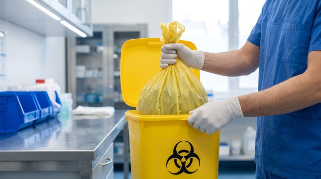 Healthcare worker in blue scrubs, holding tied yellow biohazard trash bag, placing waste into biohazard container, medical laboratory setting, healthcare waste photography