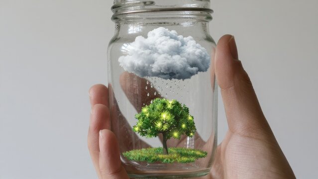 Hand Holding Jar with Tree and Cloud Symbolizing Nature and Hope