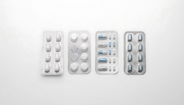 Four distinct blister packs of pharmaceutical medication on a clean white background.