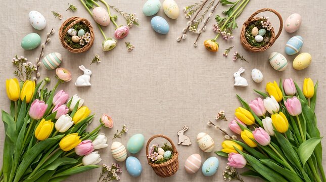 Easter flat lay with pastel eggs and tulips, spring floral border on linen background, festive holiday greeting card template