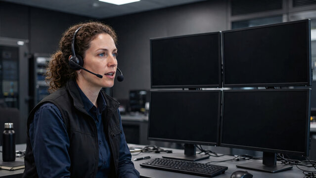Female logistics coordinator with headset in control room