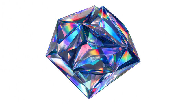 Shiny blue crystal gemstone with holographic light reflection and geometric facets