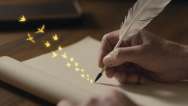 Hand Writing with Quill Pen and Magical Light Effects on Paper