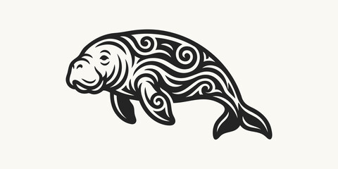 Fototapeta premium Tribal manatee vector illustration with decorative ethnic swirl patterns on white background