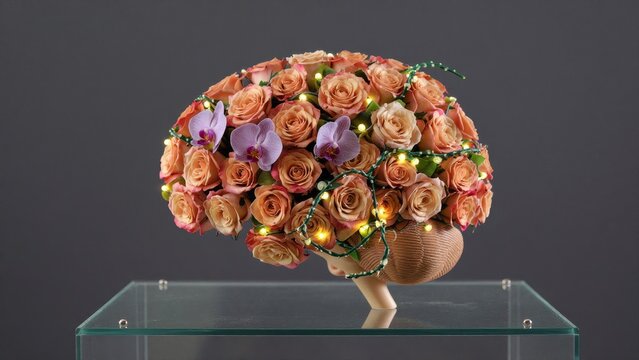Creative Floral Arrangement Depicting a Brain Made from Roses