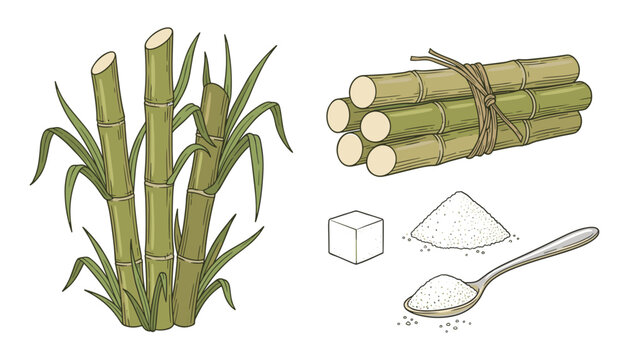 Sugarcane Plant And Sweet Raw Sugar Products Vector Illustration Set Featuring Green Stalks, Bundled Canes, Refined Powder Pile, Spoon, And Cube Elements