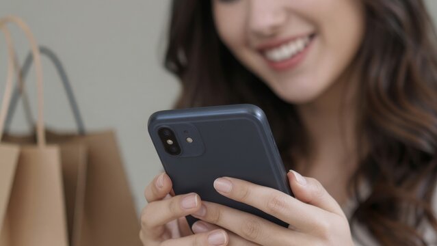 Smiling Woman Using Smartphone While Shopping in Modern Setting