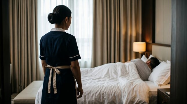 Concept of workplace harassment and ethical dilemma with a female hotel maid watching a sleeping male guest.