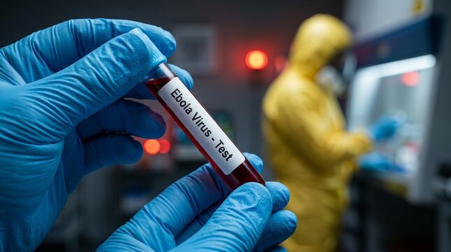 A researcher in blue gloves examines a blood sample for Ebola virus analysis in a lab.