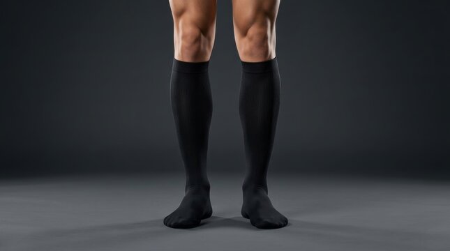 A detailed view of black compression socks on a man's legs against a dark grey backdrop.