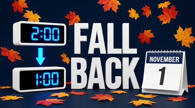Digital clocks displaying 2:00 and 1:00 with Fall Back text and November 1 calendar for USA winter time change.