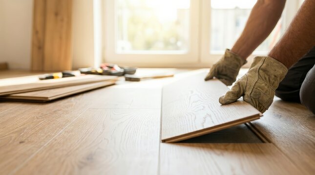 Professional handyman installing laminate wood flooring, a concept of DIY home improvement and construction.