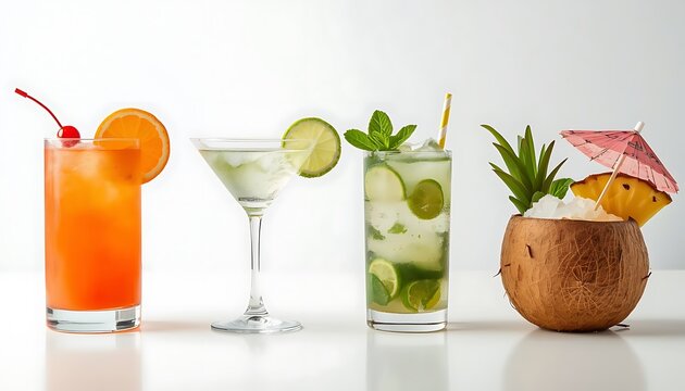 Four tropical cocktails in a studio lineup with fresh fruit garnishes and ice.