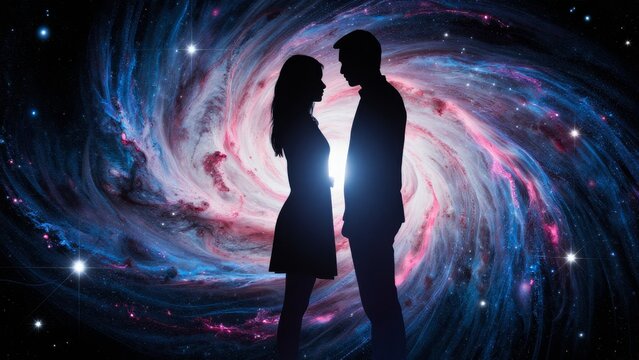 Romantic Silhouette of Couple Against a Colorful Galaxy Background