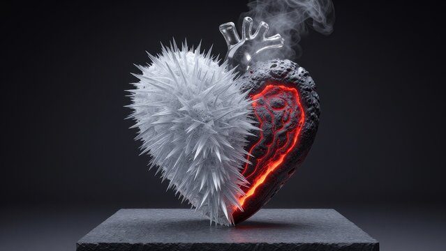 Fiery Heart and Frosty Heart Concept in Dramatic Black Background