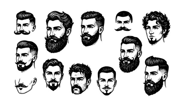Vintage mens hairstyles and beards vector graphic set with engraved barber shop facial hair illustrations