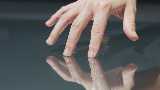 Elegant Hand Touching Wet Surface with Ripples and Reflections