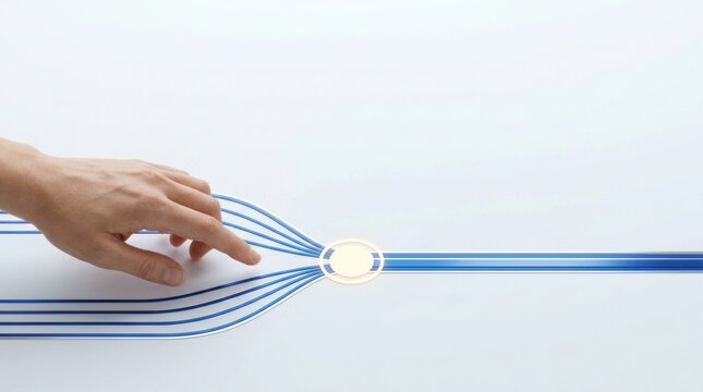 Approval workflow checkpoint with guiding hand and multiple process routes converging into one unified business path on white copy space background