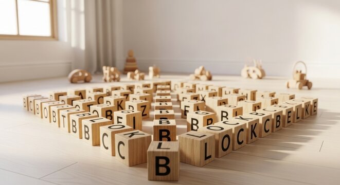 Wooden alphabet blocks arranged on a bright floor.