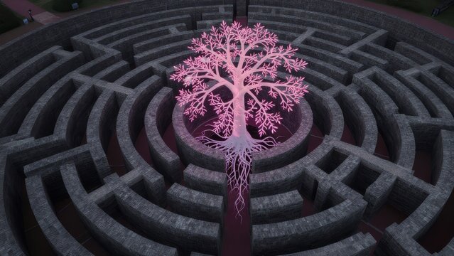Artistic Maze with Illuminated Tree Symbolizing Growth and Journey