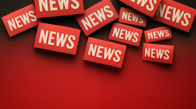 Top view media communication banner of multiple red rectangular news cards scattered across a dramatic red-to-black gradient background, each card displaying bold white NEWS typography.