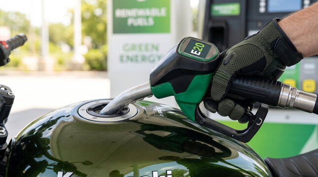 Gloved hand pumps E20 ethanol biofuel into a green motorcycle at a renewable energy station.