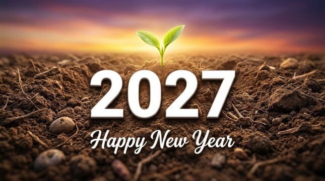 Happy New Year Greeting Card Design Featuring Sprouting Plant And Sunrise