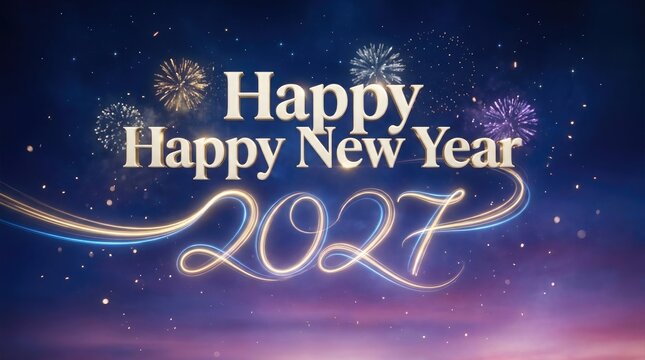 Happy New Year 2027 celebration graphic design with fireworks and stars