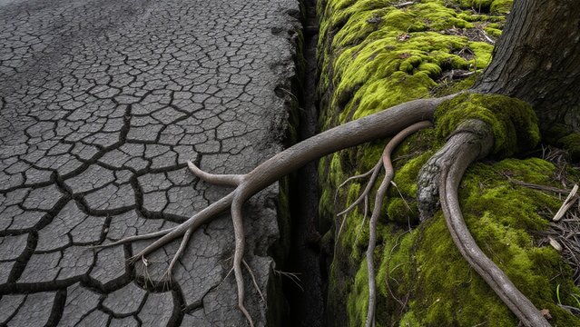 Cracked Earth and Lush Green Moss: Nature's Contrast in Arid Landscape