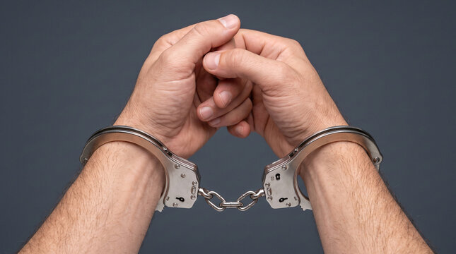 Close-up of male hands bound in silver metal handcuffs, symbolizing arrest and the legal system.