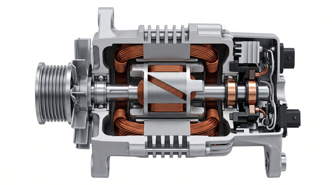 Detailed 3D cross-section of an automotive alternator featuring internal copper coils and mechanical components.