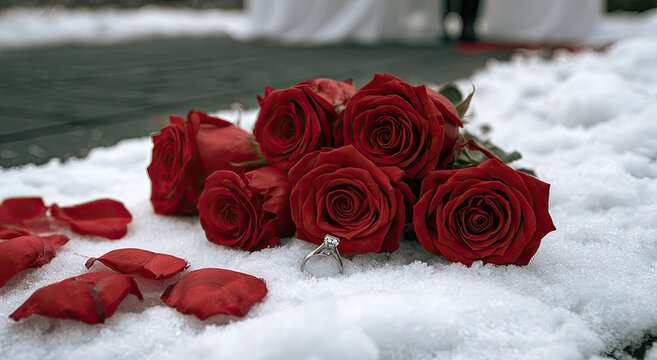 A bouquet of red roses and a ring rest in snow with petals