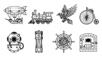 Steampunk and Retro Futuristic Industrial Element Set with Airship Locomotive Mechanical Bird Penny Farthing Bicycle Diving Helmet Engine Piston and Ship Wheel Vector © Mohammad
