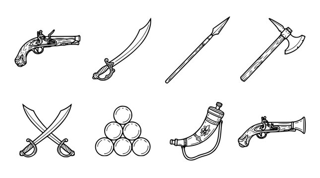 Vintage Pirate and Historical Weaponry Icon Set with Flintlock Pistols Sabers Spear Battle Axe Cannonballs and Gunpowder Powder Horn Outline Vector