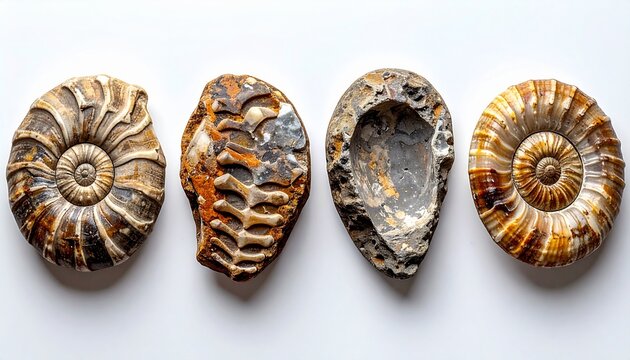Assorted fossilized ammonite shells in a row, showing different spiral shapes and ancient marine organism fossils