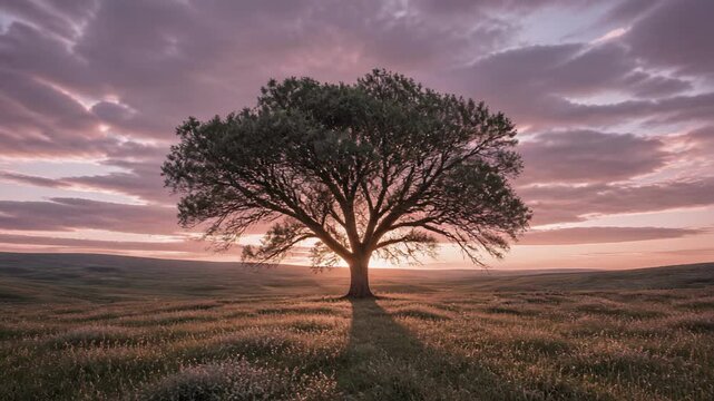 A large tree stands alone in a field during a colorful sunrise.