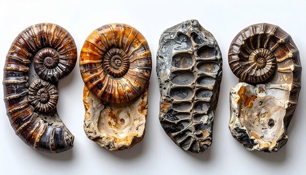 Collection of various fossilized ammonites arranged in a row on white background, prehistoric marine organisms