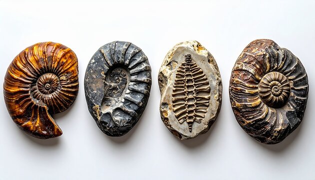 Fossilized ammonite and trilobite shells arranged on white background, prehistoric marine and arthropod fossils