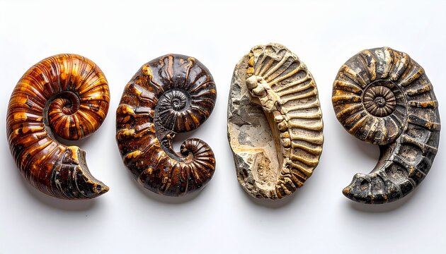 Spiral-shaped fossilized ammonite shells, ancient marine fossils arranged neatly on white background