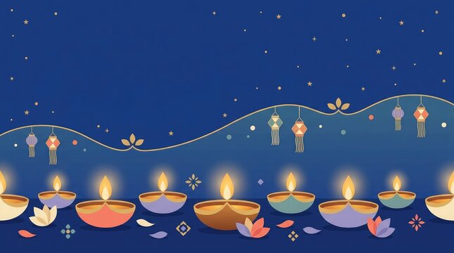 A festive background featuring glowing oil lamps and floating flowers on a dark blue surface perfect for diwali or halloween celebrations